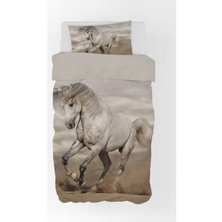 Heste sengetøj 140x200 cm - Stor hvid hest - 2 i 1 design - 100% bomuld