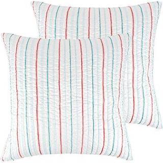Levtex Home Merry & Bright Collecion - Holly Jolly - Quilted Euro Sham (26x26in.) Ingen indsats - Stripes - Hvid rød og lyseblå - reversibel