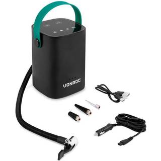VONROC Kompressor 12V - med indbygget akku - Opladelig | Digital display / måler | Inkl. Tilbehør