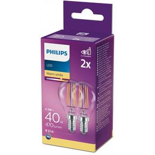 Philips LEDClassic Krone Filament  40W  E14  varm hvid  klar ikke dæmpbar  2-stk  - 8718699664923 ✓ På lager - klar til levering og afhentning