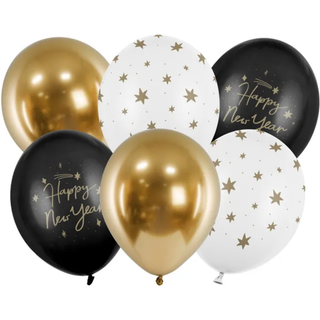 6 stk. Nytårsballoner sort/hvid/guld mix - 30 cm latex nem oppustning til fest
