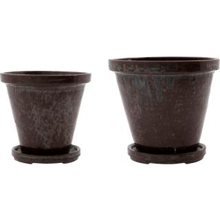 House Doctor Flower Pot With Tray 2-pack H12xø13,5/h14xø16 Brown - Krukker Stentøj Brun - 210140611