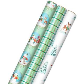 Hallmark Christmas Wrapping Paper Rolls Holiday Gift Wrap (Pack of 3: 120 Sq. Ft. TTL) Storybook Critters Snowmen Green og Blue Plaid