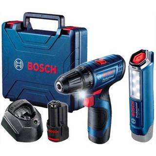 BOSCH Kit 2 scule 12V Bore-/skruemaskine (GSR 120-LI) Li-Ion, 12V, 30 Nm + Lampe (GLI 12V-300) Li-Ion, 12V, 300 lumen +2x batterier Li-Ion, 12V, 2Ah + oplader + Kuffert