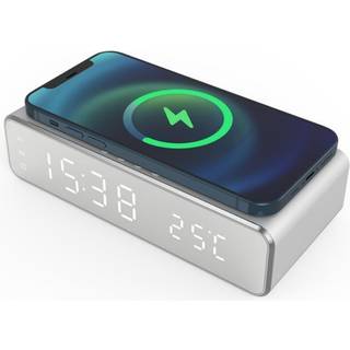 Digitalt LED vækkeur med trådløs oplader/termometer Sølv