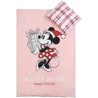 Julesengetøj junior - 100x140cm - 100% blødt bomuld - Minnie Mouse med julegave og nissehue