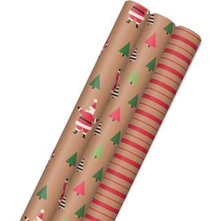 Hallmark Christmas Wrapping Paper Rolls Brown Kraft Holiday Gift Wrap (pakke med 3: 90 kvadratmeter ttl) Kraft med Santas Trees Stripes