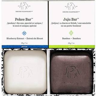 Drunk Elephant Baby Juju och baby Pekee Bar Soap Travel Case. Exfolierande ansikts tvätt och fuktgivande stångrengöringsmedel. 1 ounce vardera. R