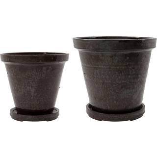House Doctor Flower Pot With Tray 2-pack Brown H16xø18/h20xø22 - Krukker Stentøj Brun - 210140601