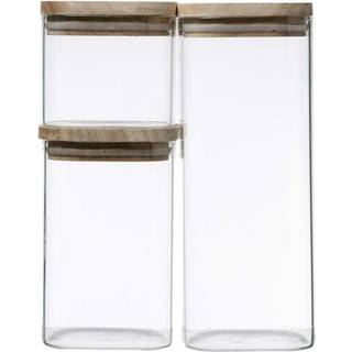 Opbevaringsglas med låg i heveatræ - Transparent - 10cm x 10cm x 23cm - Flora