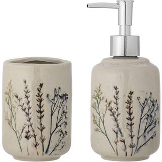 Bloomingville Bea Badeværelsessæt Med Sæbedispenser + Tandbørsteholder 2 Dele - Tandkrus Stentøj Nature - 82055045