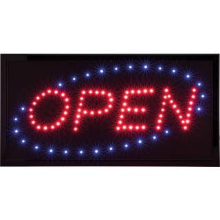 Securit LED skilt tofarvet med teksten OPEN