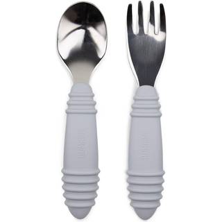 Bumkins Toddler redskaber Kids Size Fork og Spoon Set silikone og rustfrit st?l tr?ning s?lvt?j vinklede gafler / sporks til selvfodrende b?rn ho