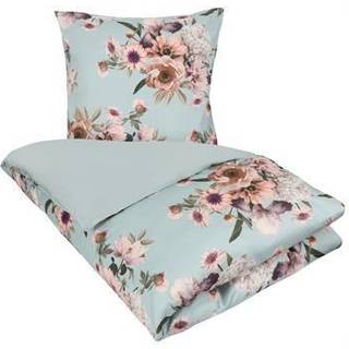 Blomstret sengetøj - 140x220 cm - Blue flower - 2 i 1 design - Sengesæt i 100% Bomuldssatin - Excellent By Borg