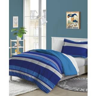 Dream Factory Kids 5-Piece Komplet seng Sæt Easy-Wash Super Soft Microfiber Dyne Bedding Twin Blue Rugby Stripe (2d872701Bl)