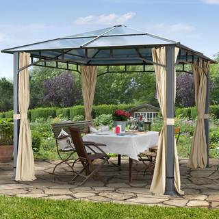 3x3m, hardtop havepavillon, inkl. 4 sidegardiner, champagnefarvet - (300166)