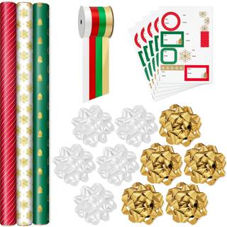 Hallmark Red Green Gold Christmas indpakningspapir sæt (90 kvadratmeter ft. TTL 10 buer 4 båndfarver 40 gave tagmærker) striber snefnugtræer træe