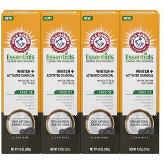 ARM & HAMMER Essentials fluoridfri tandpasta med aktiveret kul, Whiten + Clean Mint, 4 x 4,3 oz rør, 100% naturligt natron
