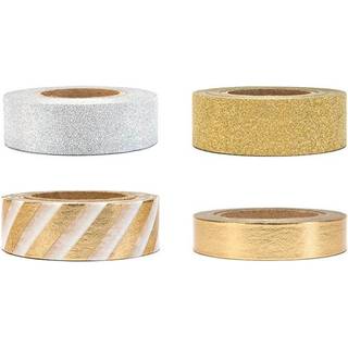 4 stk. Washi Tape guld/sølv mix - Kreativ dekoration til fest og gaveindpakning
