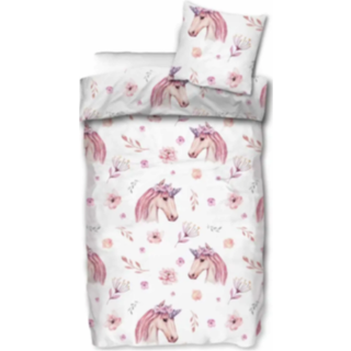 Unicorn sengetøj - 140x200 cm - Dynebetræk med enhjørning og blomster - 100% Bomulds sengesæt
