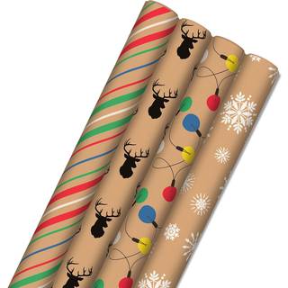Hallmark Recyclable Christmas indpakningspapir til børn med skårne linjer på bagsiden (4 ruller: 88 kvadratmeter ttl) Kraft Brown med julelys hjo