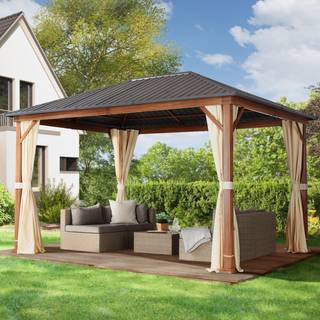3x4m, hardtop havepavillon, inkl. 4 sidegardiner, champagnefarvet - (300183)