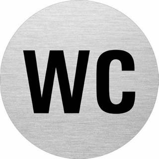 Dørskilt med teksten WC i aluminium med sort skrift Ø75mm