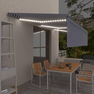 markise m. gardin + LED 6x3 m manuel betjening blå og hvid