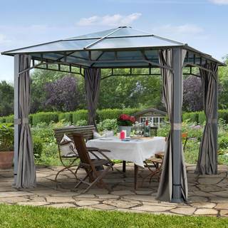 3x3m, hardtop havepavillon, inkl. 4 sidegardiner, loft grå - (300048)