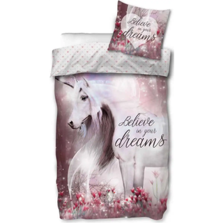 Enhjørning sengetøj - 140x200 cm - Belive in your dreams - Dynebetræk med 2 i 1 design - 100% bomulds sengesæt