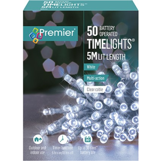 50 LED, 5 m Premier batteridrevne udendørs lys med 8 funktioner og smart timer, gennemsigtigt kabel, hvid
