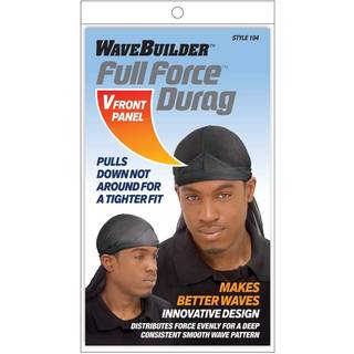 WAVEBUILDER Full Force Durag med V-frontpanel – Sort. Ensartet tryk for dybe, ensartede bølger; justerbart for en tætsiddende pasform.