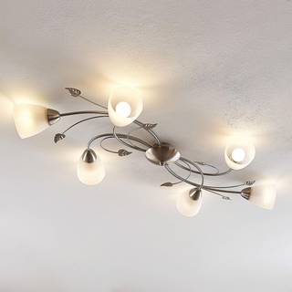 Lindby loftlampe Yannie, 6 lyskilder, 106 cm, nikkel/hvid, glas