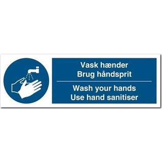 Dansk-Engelsk Vask hænder Brug håndsprit (Wash your hands - Use hand sanitiser) - Selvklæbende vinyl - (½A4) 105 x 210 mm