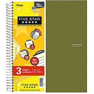 Fem-stjernet spiral notebook 3-emne bredt regeret papir 10-1/2 """" x 8 """" 150 ark farve vil variere (05204)