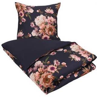 Blomstret sengetøj - 140x200 cm - Dark blue flower - 2 i 1 design - Sengesæt i 100% Bomuldssatin - Excellent By Borg