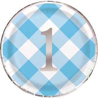 1 års fødselsdag paptallerkner 8 stk. - Lyseblå/sølv