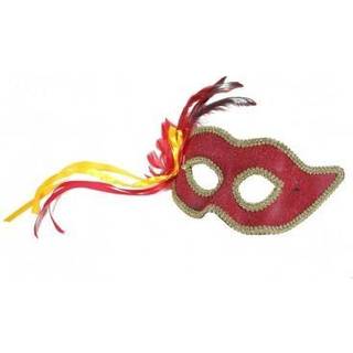 Maske rød satinbånd fjer - Elegant udklædning til karneval og fastelavn 28x11 cm