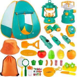 Aokiwo 45pcs Kids Camping Tent Set Pop Up Play Telt med camping Gear Tools Indendørs udendørs foregive leg sæt til småbarn drenge/piger - inklusi