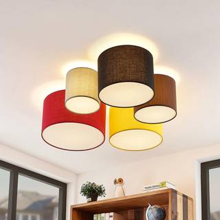 Lindby loftlampe Laurenz, 5 lyskilder, 93 cm, rød/gul, tekstil