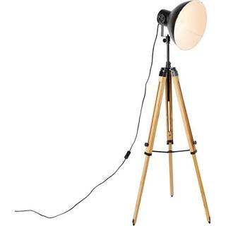 Industriel Tripod Gulvlampe Sort med Træ - Mangoes