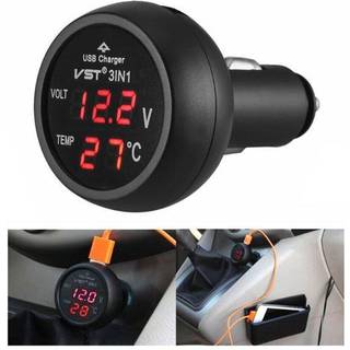 3-i-1 USB-biloplader med voltmeter og temperaturmåling