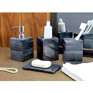 KLEO - Badev?relsetilbeh?rss?t lavet af natursten - badetilbeh?r S?t p? 4 inkluderer s?be dispenser tandb?rsteholder tumbler og s?be sk?l (sort)