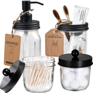 Amolliar Mason Jar Badev?relset Tilbeh?r S?t (4 stk) -Lotion Soap Dispenser & Cotton Swab Holder & Toothbrush Holder-Rustik bondeg?rdeindretning