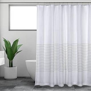 Hvidt bruseforhæng til badeværelse stof bruser gardiner 72x72 i bondegård boho hvid og solbrun stribet vævet