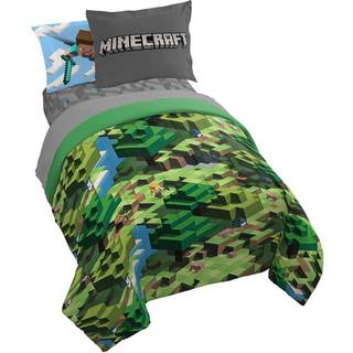 Jay Franco Minecraft DayTime 5 Piece Twin Bed Set - Inkluderer dyne & ark sæt - Sengetøjsfunktioner Alex og Steve - Super Soft Fade Resistant Mic