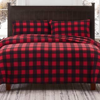 Viviland Plush Micro Fleece Buffalo Plaid Röd och svart Holiday Queen Bed Sheet Set - Mjuk polär sammetark - Extra varm vinterflyglar med djupfic
