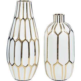 Signaturdesign af Ashley Mohsen Honeycomb Keramisk 2 -stykke flaskehalsvase Set White & Gold