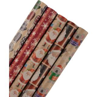 Jam Paper Assortered Gift Wrap - Christmas Kraft Wrapping Paper - 125 Sq Ft Total - Kids Kraft Christmas Set - 5 Rolls/Pack
