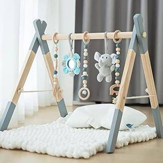 Avrsol Wood Baby Play Gymnastik Foldbar baby Play Gym Frame Activity Gym h?ngende bar med 5 gymnastiksal Leget?j Naturlig gave til nyf?dt baby (s